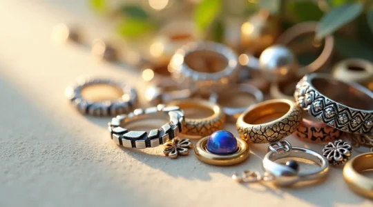 Vue artistique rapprochée d'apprêts de bijoux en métal et pierres décoratives sur un fond artistique