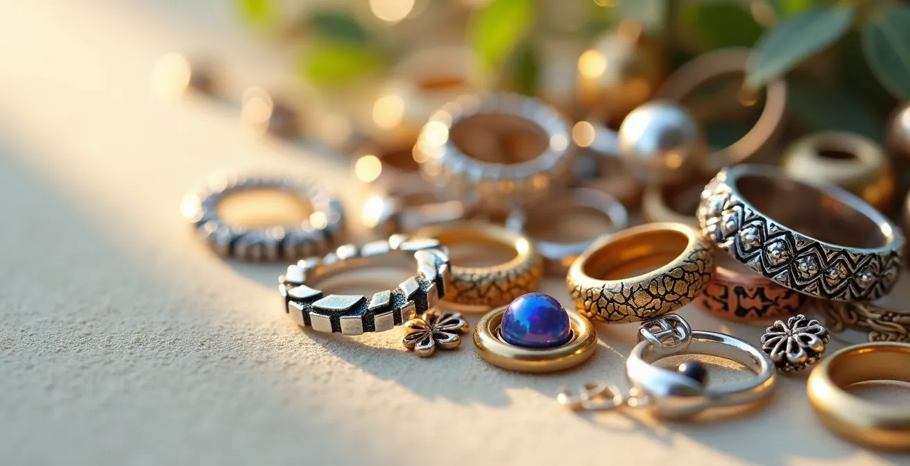Vue artistique rapprochée d'apprêts de bijoux en métal et pierres décoratives sur un fond artistique